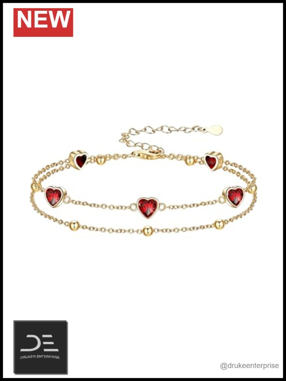 925 Sterling Silver Birthstone Link Bracelet, Heart Charm 18K Gold Plated